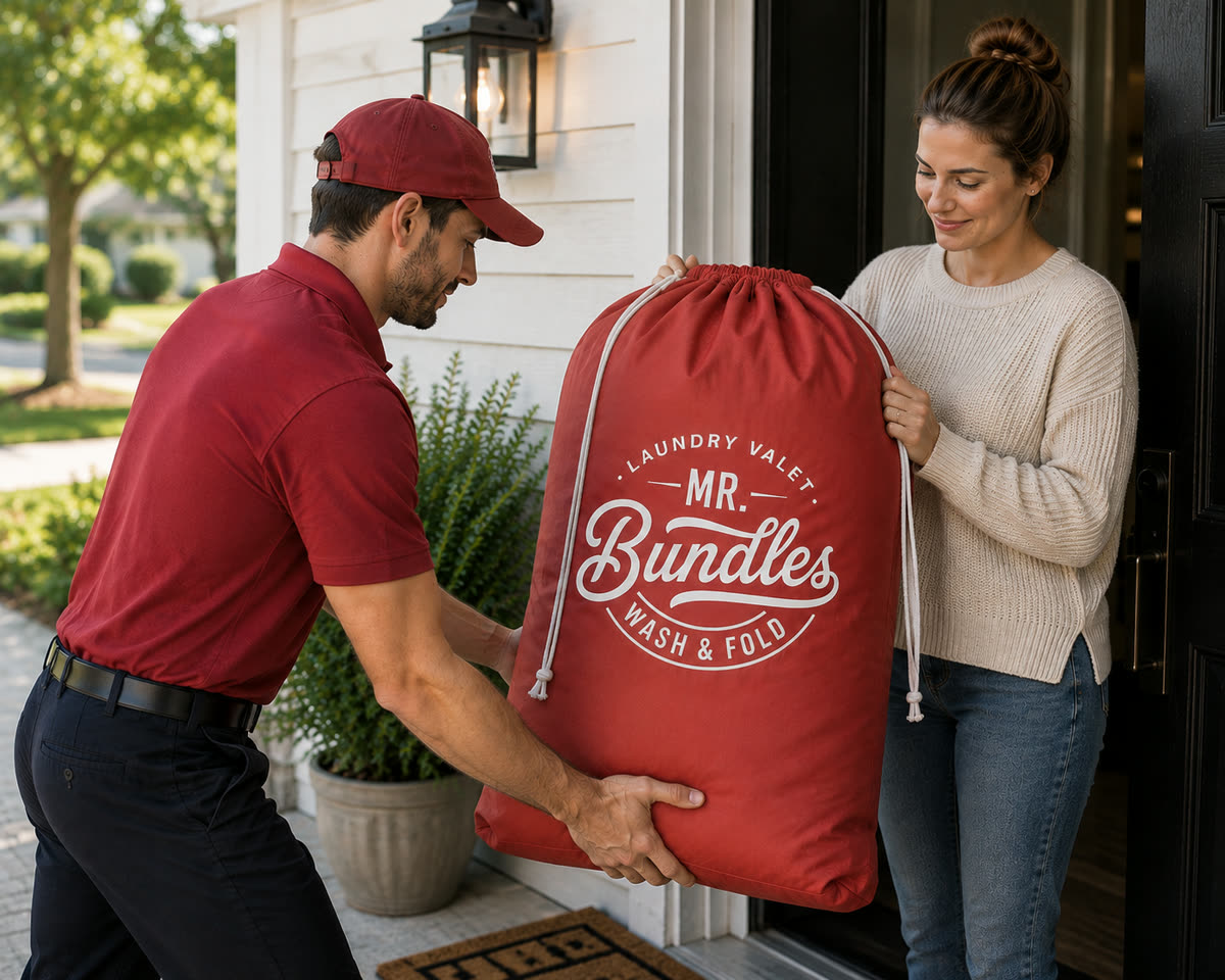A Mr. Bundles driver collecting a bag from a customer