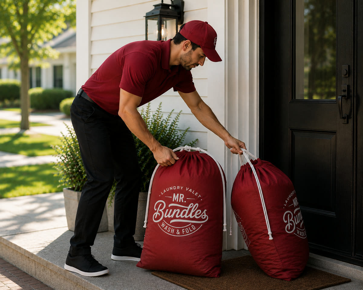 Two red Mr. Bundles bags on a sunny front porch