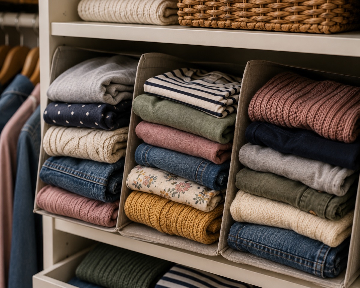 Clean, folded laundry organized on closet shelves, ready to put away
