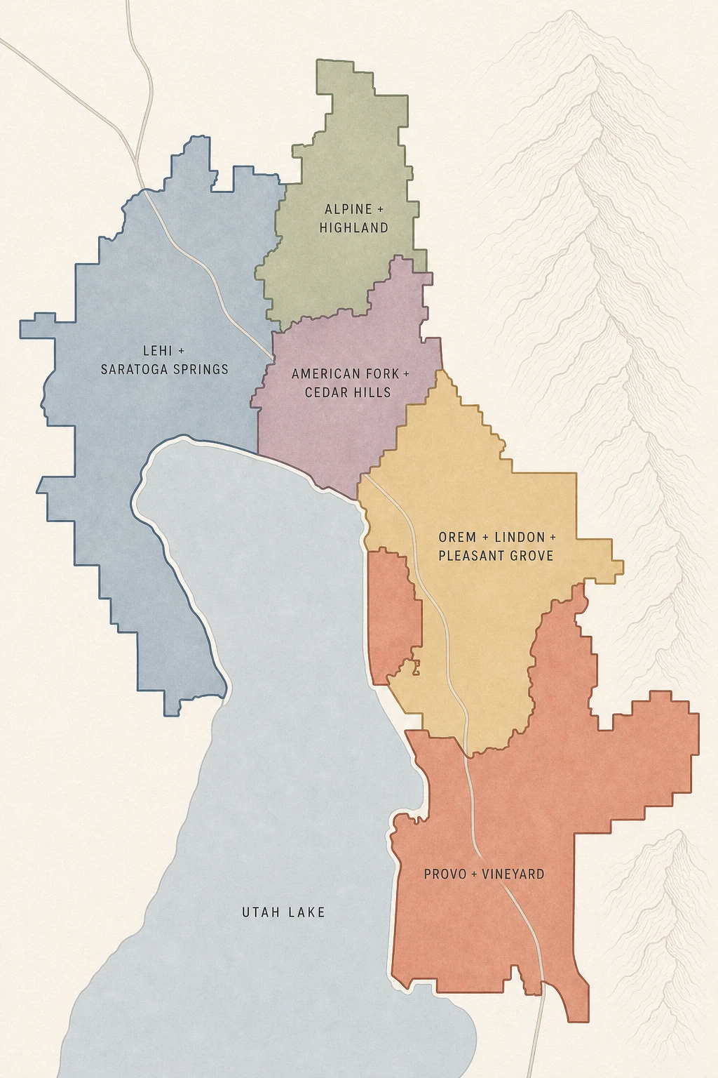 Map of Mr. Bundles' five Utah County pickup routes: Orem, Lindon & Pleasant Grove; Provo & Vineyard; American Fork & Cedar Hills; Alpine & Highland; and Lehi & Saratoga Springs